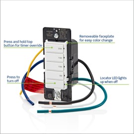 Leviton DT230-1LW Countdown Switch for bathroom household lights, 5-10-15-30 min, Neutral Wire Required, 20A, 1HP/16A Fan/Motor, Single Pole, Multi-Way or Multi-Timer, White