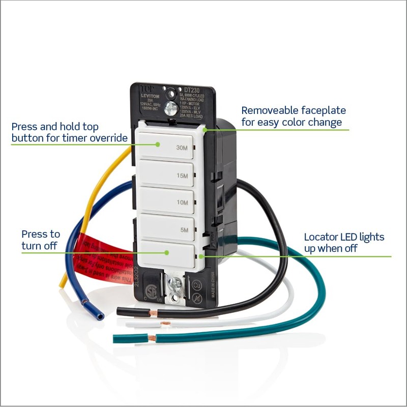 Leviton DT230-1LW Countdown Switch for bathroom household lights, 5-10-15-30 min,
