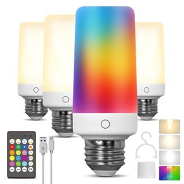 4PK Rechargeable Light Bulbs with Remote, E26 Battery Operated Light Bulb with Dual Recharging Ways, Tuned White LED Emergency Light with 12 RGB Colors Optional & Timer,Ideal for Home,Power Outages