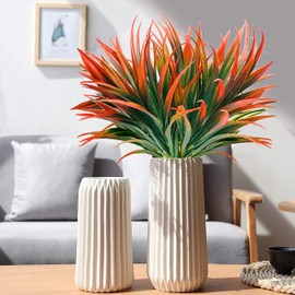 AUMVEYI 8 Pcs Outdoor Fake Plants UV Resistant Artificial Tall Grass Plants Faux Tropical Flowers Bushes Fall Winter Summer Planters Yard Patio Front Porch Décor Plastic Greenery Shrubs Decoration