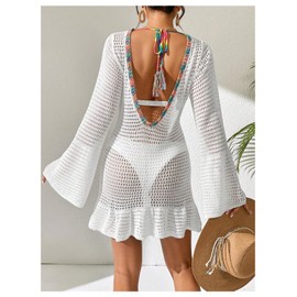 MakeMeChic Women's Hollow Out Beach Cover Up Dress Bell Sleeve Backless Ruffle Bathing Suit Cover up White Medium