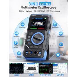 FNIRSI DST-201 3IN1 Digital Multimeter 19999 Counts TRMS, 1MHz Bandwidth Handheld Oscilloscope Multimeter DDS Generator, 5MSa/s Sample Rate, AC/DC Voltage Current Capacitor Resistor Diode Temperature