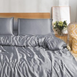 WEAVERS: Luxurious 3-Piece Silky Satin Duvet Cover Set. Reversible Zippered Duvet Cover with a Pair of Pillowcases. (Size Single, Colour Silver)
