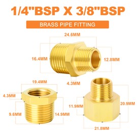 GASHER 6PCS Brass Pipe Fitting, Hex Bushing, Reducer Adapter, Reducing Hex Nipple 3/8 Inch BSP x 1/4 Inch BSP