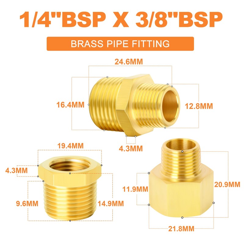 GASHER 6PCS Brass Pipe Fitting, Hex Bushing, Reducer Adapter, Reducing