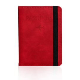 Jagowa Passport Book Holder Cover Case with Strap, PU Leather Card Organizer Protector Case for Credit Cards Traveling or Boarding (Red)