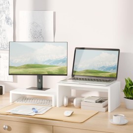 TEAMIX Adjustable White Monitor Stand Riser-2 Pack,Wood 2 Tier Adjustable Monitor Stand Dual Monitor Riser for 2 Monitors/Laptop/PC Computer Stand Desktop Space Saver