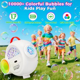 Rechargeable Bubble Machine with Upgrade RGB LED 16 Million Colors, 20000+ Bubbles Per Minute, Portable Bubble Maker for Kids, Weddings, Birthday Parties, Outdoor, Plug in or Battery Power