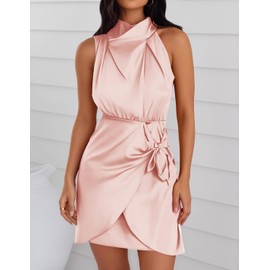 ZESICA Women's 2025 Fashion Satin Sleeveless Halter Neck Tie Waist Wrap Bodycon Cocktail Party Mini Dress,LightPink,Medium