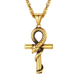 Suplight Ankh Cross Pendant Necklace for Men and Women, 18 K Gold Plated/Stainless Steel/Black Horus Eye/Anubis Anubis Anulet Chain Fashion Jewellery Accessory with Gift Box, Stainless Steel, Egypt