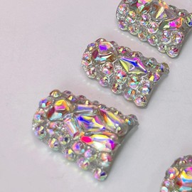Handmade Press on Nails Medium Square Fake Nails Colorful Light Glitter False Nails Luxury Rhinestone Full Cover Stick on Nails Glue on Nails Gorgeous Acrylic Nails for Women Girls (Gem Glitter S)