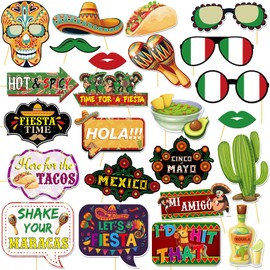 Fiesta Photo Booth Props - 24 Piece Let's Fiesta Mexican Party Photo Prop Face Masks Party Favors Selfie Props Cactus Guitar Maraca Party Supplies
