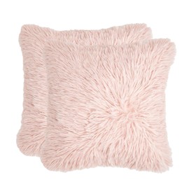 Sienna Set of 2 Faux Mongolian Fur Pack Shaggy Cushion Covers 45 x 45 cm Textured Reversible Fleece Chair Sofa, 18" x 18" - Blush Pink