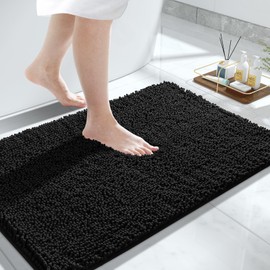 Yimobra Chenille Bathroom Rug, 32x20Inch, Extra Soft Shaggy Bath Rugs, Non-Slip Bathroom Floor Mat, Water Absorbent, Thick Durable, Machine Washable, Plush Microfiber Rugs for Shower Bathtubs, Black