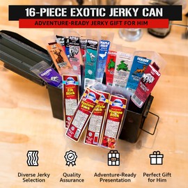 Jerky Dynasty 16-Piece Exotic Jerky Can Gift for Him - Unique Ammo Can Packed with Delicious BB Sticks - Reclaimed Military Surplus - Great Present for the Adventurous Foodie in Your Life