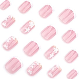 24Pcs French Tip Press on Nails Short Square Flower Fake Nails Glossy Nude Pink False Nails with White Floral Designs Glue on Nails Full Cover Acrylic Artificial Nails for Women Manicure Accessories
