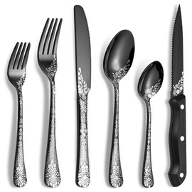 48-Piece Black Silverware Set with Steak Knife, Stainless Steel Flatware Cutlery Set Service for 8, Mirror Polished Tableware Eating Utensils Set for Home Kitchen, Dishwasher Safe