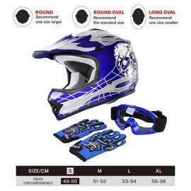 TCT-MOTORPARTS DOT Kids Youth Motocross Helmets ATV Off-Road Dirt Bike Motorcycle Full Face Blue Skull Helmet+Gloves+Goggles Small