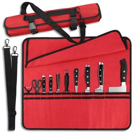 QIQU Red Chef Knife Bag With 20 Slots Cutlery Knives Holders Protectors, Home Kitchen Travel Cooking Tools, Portable Canvas Knife Roll Storage Bag Chef Case for Camping or Working