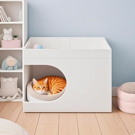 Roomfitters Multifunctional Cat Station Furniture, Small & Medium Cat House & Bed, Living & Bed Rooms, Creamy White