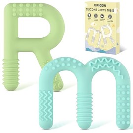 ERKOON Chew Toys for Autistic Children - Bpa-Free, Textured Silicone Teether Rings for Oral Stimulation and Calming - Safe, Durable, and Easy to Hold - Set of 2 Multicolor Teethers（M+R）