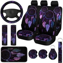 Fiada 15 Pcs Full Car Seat Covers Set Car Accessories Seat Covers Steering Wheel Cover Belt Pads Armrest Pad Cup Holders Keychains for Most Truck SUV(Dreamcatcher)
