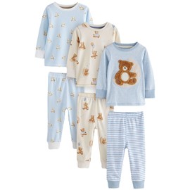 NEXT Snuggle 3 Pack 100% Cotton Pyjamas, Blue/Ecru Baby Bear