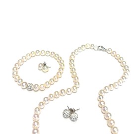 Oriente Pacific - Juego de Collar pulsera y Aretes de perlas cultivadas con detalles de cristales en plata .925