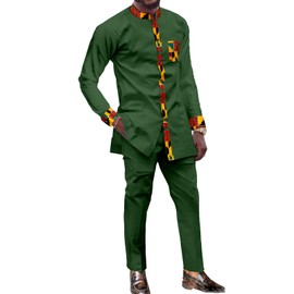 African Dashiki Suit for Men Kente Print Long Sleeve Outfit Clothing Shirts and Pants 2 Piece Traditional Attire Army Green-V041 Medium