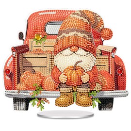 Fall Truck Diamond Painting Kits for Adults, Stand Up 5D Gnome Tabletop Painting Crafts Kits, DIY Colorful Pumpkin Cart Crystal Diamond Art Kit for Home Office Table Top Decor