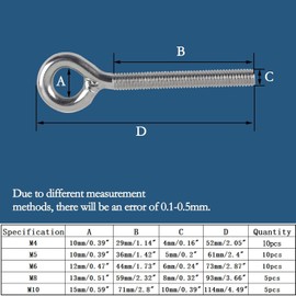 huruirui M6 10pcs Eye Bolts Long Shaft 304 Stainless Steel A2-70 Eye Bolts with Thread Screw Rings Welded Attachment and Hanging