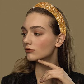 Yoolhamy Rhinestone Headband with Sparkly Gems Pearl Hair Band Silver Gold Crystal Headband Padded Wedding Sequin Headbands for Bride Diamond Headband for Women Girls