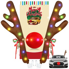 Hydencamm Car Reindeer Antlers & Nose Light Up with Lights, Reindeer Christmas Decoration Window Roof-Top & Front Grille with Jingle Bells, Reindeer Car Kit for SUV Van Truck