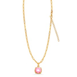 LeCalla 925 Sterling Silver 14K Gold Plated Beaded Cushion Pink Cubic Zirconia Square Charm Pendant Necklace Adjustable PaperClip Link Chain Necklaces for Women with Lobster Claw Clasp 18 Inches