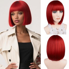 MAYSA Short Straight Bob Bangs Wig Red Bob Hair Wigs with Bangs 12in Colorful Synthetic Cosplay Daily Party Wig for Women # Red