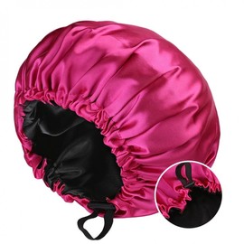 Adjustable Double-Layer Imitation Silk Satin Sleep Cap Silk Free Size/Dark Blue with Rice Interior 4ea