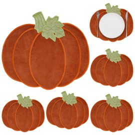 Sunnychicc Pumpkin Placemats Set of 6 Fall Thanksgiving Table Placemats Velvet Orange Pumpkin Embroidered Table Mats 13.78x12.6 Inch Farmhouse Decorations for Autumn Harvest Holiday Kitchen Dinning
