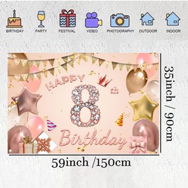Happy 8th Birthday Decorations Backdrop Banner for Girls Happy 8 Years Old Party Fabric Sign Poster Girl Birthday Rose Pink Photo Background 8th Birthday Party Supplies, 59"x35.4"