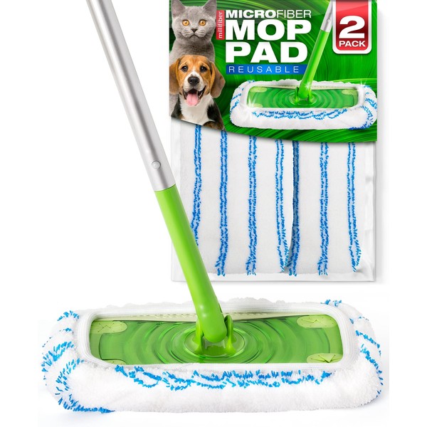 Millifiber Microfiber Reusable Mop Pads Compatible with Swiffer Sweeper Mops (2-Pack) Washable Mop Pads for Wet & Dry Use (Mop is Not Included)