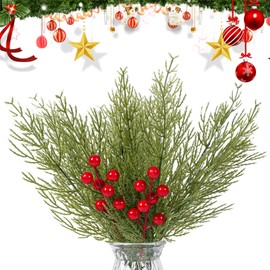 40 PCS Christmas Artificial Pine Branches with Red Berry Stems, 13.4" Christmas Faux Cedar Stems, Fake Christmas Greenery Pine Picks, Fake Foliage Pine Needles Picks for DIY Craft Garland Home Decor