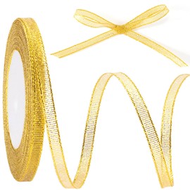 Pndeyo 1/4in 50 Yard Gold Ribbon for Gift Wrapping, Glossy Satin Ribbon Roll, Glitter Thin Fabric Ribbon for Christmas Wedding Birthday Party Bouquet Decoration