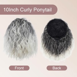 PORSMEER Wavy Curly Ponytail Extension,10 inch Ombre Silver Grey Drawstring Ponytail for Women Ladies Short Soft Natural Synthetic Hairpiece High Pony Hair Bun For Daily Use/Party