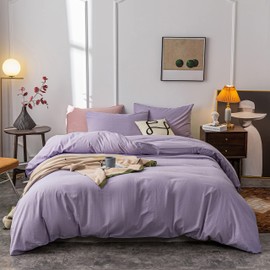 Janlive Washed Cotton Duvet Cover Twin Ultra Soft 100% Cotton Solid Color Lavender Purple Duvet Cover Set with Zipper Closure -2 Pieces Purple Twin