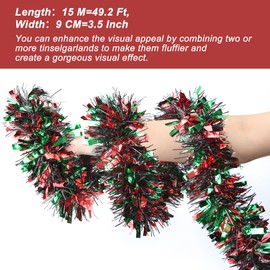 50 FT Red Green Black Christmas Tinsel Garland Metallic Twist Shiny Hanging Garland for Christmas Tree Decorations Xmas Holiday Garland for Home Indoor Outdoor Party Supplies Decor - Red Green Black
