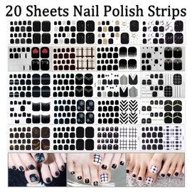 SILPECWEE Toe Nail Polish Strips Black Full Nail Wraps for Women Self Adhesive Nail Polish Stickers Gel Nail Strips Toenails Decoration with 1pc Nail File (20 Sheets)