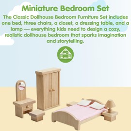 PlanToys® Classic Dollhouse Bedroom Furniture Set | Eco-Friendly Wooden Dollhouse Accessories for Kids | Includes Bed, Closet, Vanity, Chairs & Lamp | Pretend Play Montessori Toy