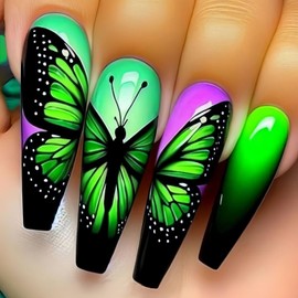 Butterfly Press on Nails Green Fake Nails Long Coffin Glue on Nails Glossy Acrylic Nails Gradient False Nails Full Cover Stick on Nails Reusable Artificial Nails Kit Multiple Colors to Choose From