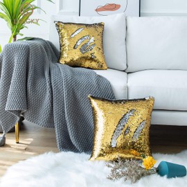 LIGICKY Magic Reversible Glitzy Sequin Throw Pillow Covers Sparkling Decorative Square Cushion Cover Pillow Cases for Home Christmas Wedding Party Decor, Set of 2 (16 x 16 Inches, Gold & Silver)