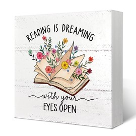 Yetmadi Book Lover Desk Decor, Book Shelf Wood Sign Decor, Book Lover Gift, Reading Is Dreaming with Your Eyes Open Wooden Box Sign, Bookworm Gifts for Teacher Reader Teen Girls, 5x5, burlywood