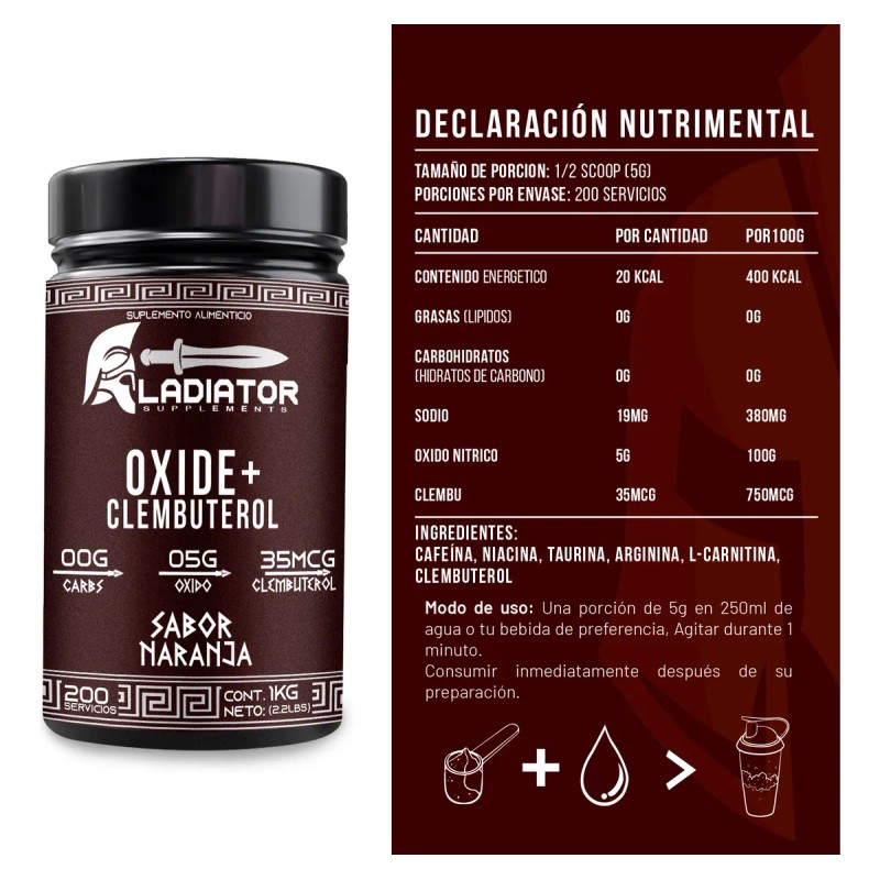 Óxido Nítrico + Clembuterol Gladiator 1 Kg Pre-entreno